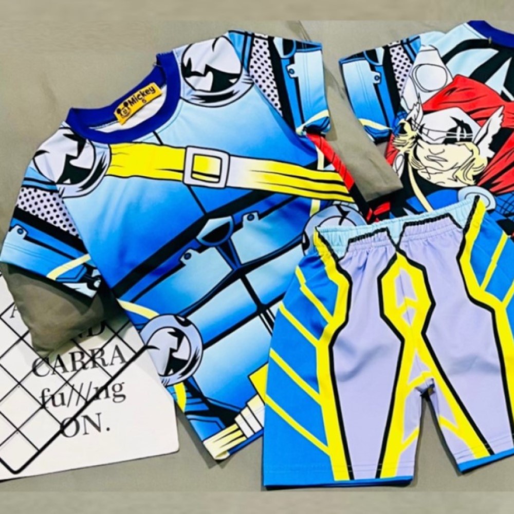 Bộ quần áo siêu nhân chất thun lạnh in 3D cho bé 9-18 kg