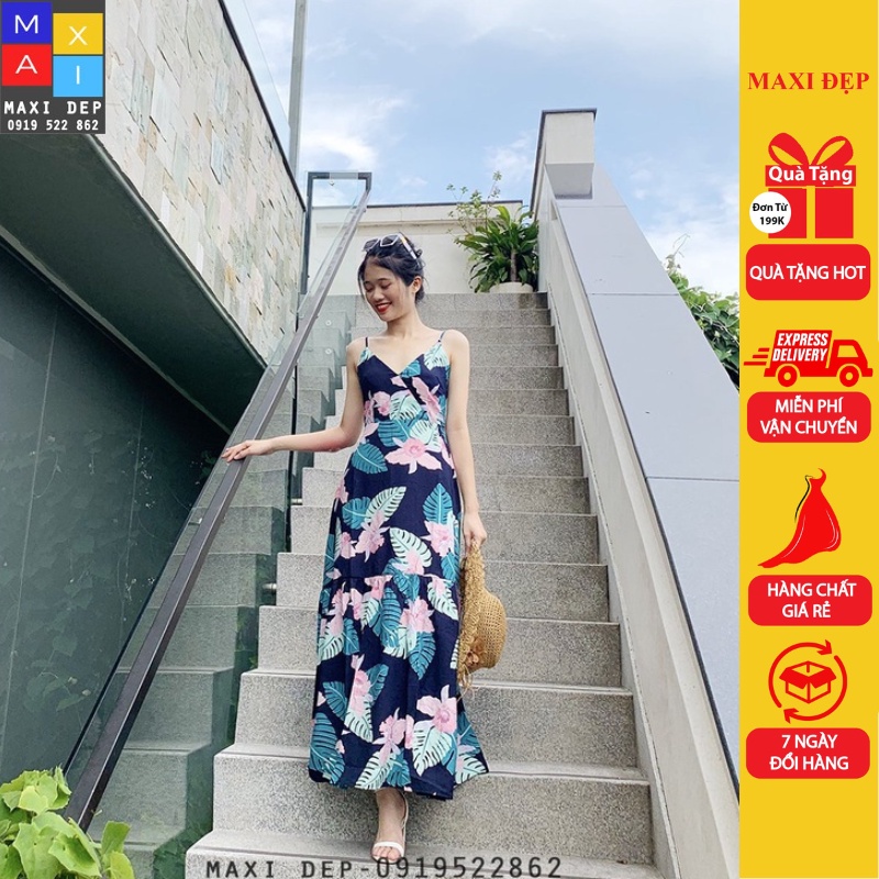 Đầm Maxi 2 Dây Đũi Cao Cấp Họa Tiết Chiếc Lá Hồng Xanh Nền Đen