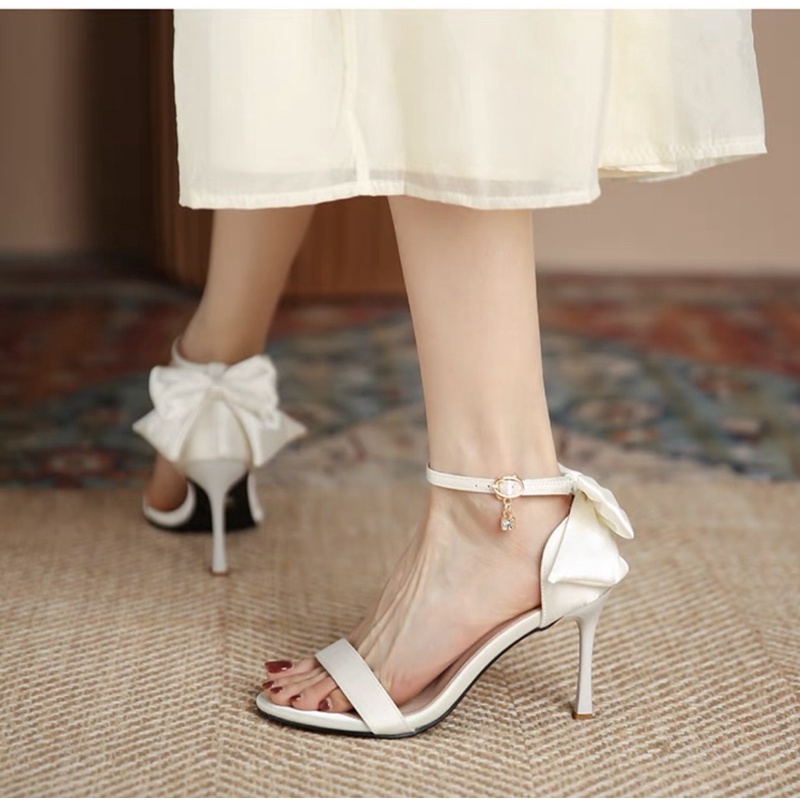 Giày sandal cao gót mũi tròn gắn nơ lụa 9cm xịn sò N55 chất lụa