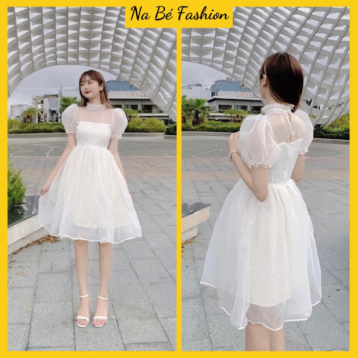 Đầm dự tiệc - váy trắng xòe vải voan 2 lớp tay phồng phối cổ xếp ly cực xinh