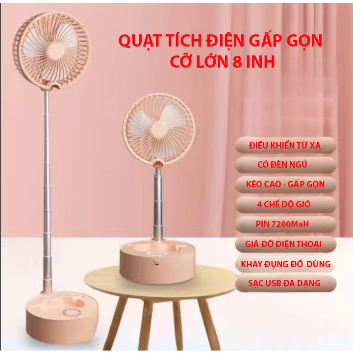 Quạt sạc tích điện xếp gọn, có đèn ngủ, điều khiển từ xa (remote), pin 7200MaH chất lượng cao