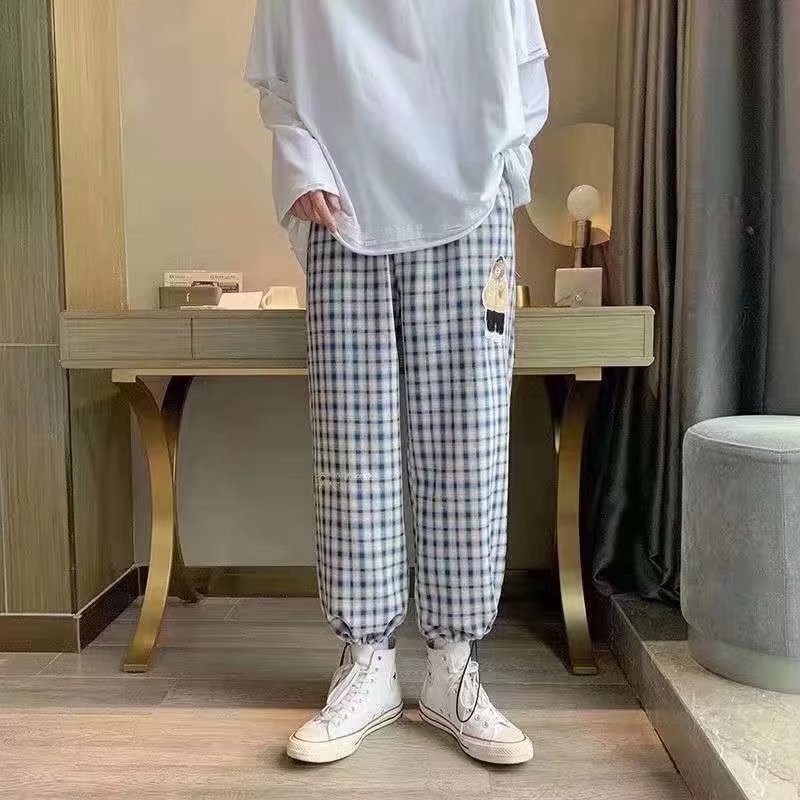 Quần Legging Thể Thao Ống Rộng Họa Tiết Sọc Caro Màu Xanh Dương Thời Trang Cho Nam Size S-3XL