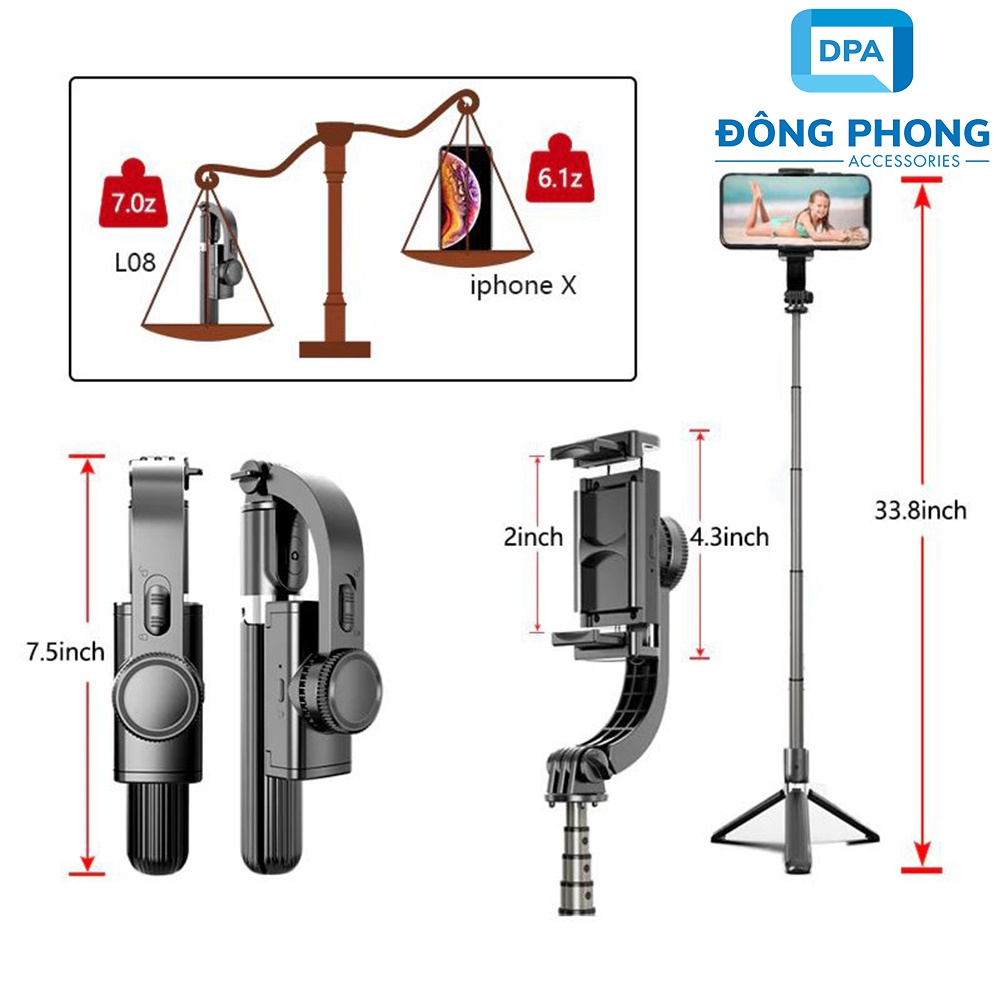 Gậy Chụp Hình Chống Rung Kiêm Gimbal Tripod L08 Chính Hãng (Anti Shake, Tripod, Gimbal, Bluetooth Selfie Stick)