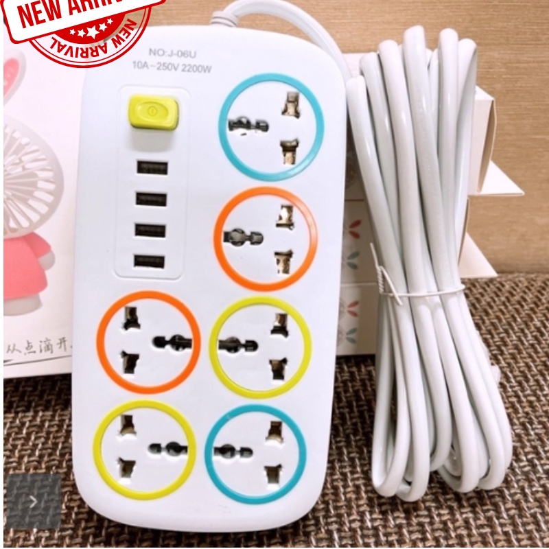 Ổ Cắm Điện J06 - Dây Dài 2.5m,Thiết Kế Thông Minh 6 Ổ Cắm, 4 Cổng Sạc Usb, Có Công Tắc, Công Nghệ Mới Sạc Nhanh, An Toàn