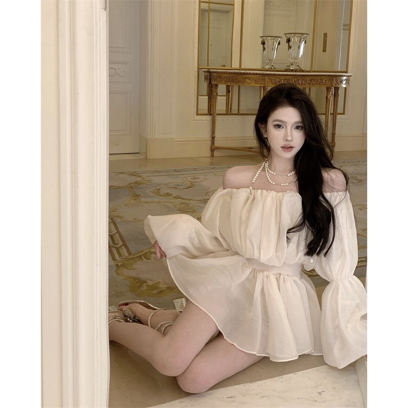Đầm Chiffon Chữ A Tay Phồng Ôm Eo Thời Trang Hàn Quốc Quyến Rũ Cho Nữ