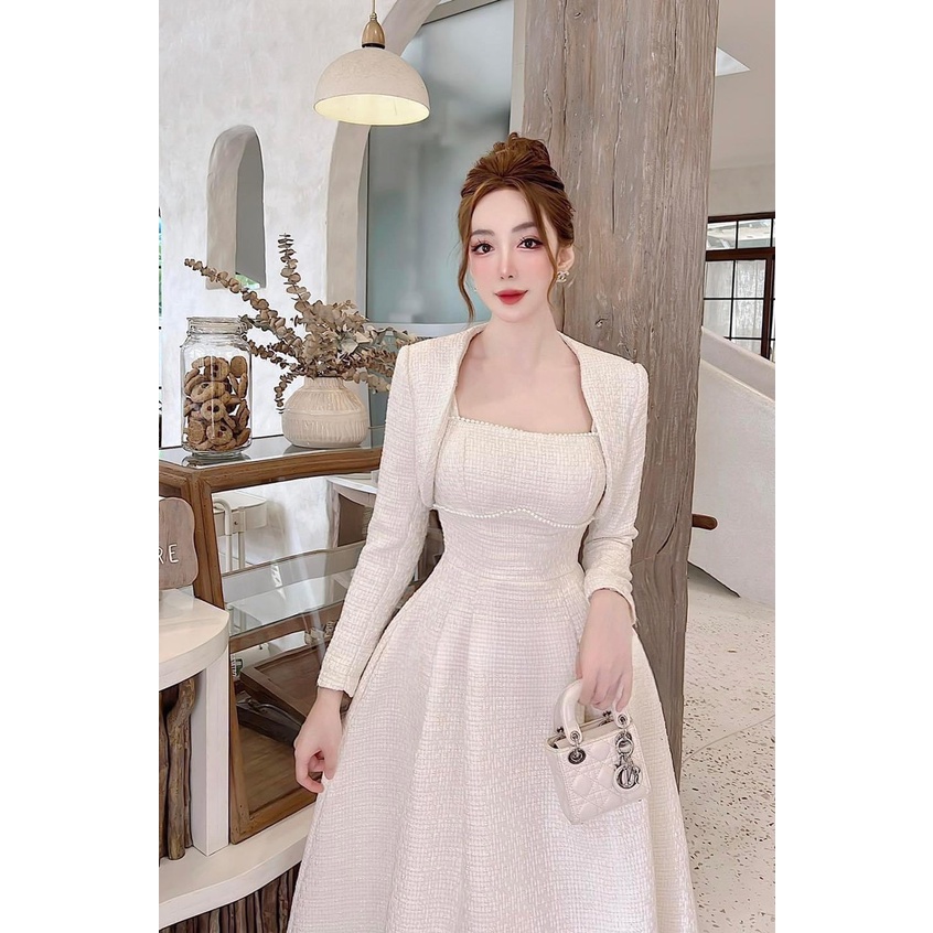 (MUA ĐI CHỜ CHI) ĐẦM XÒE KÈM ÁO KHOÁC PHỐI VIỀN REN SIÊU SANG - THỜI TRANG CAO CẤP TÔN DÁNG