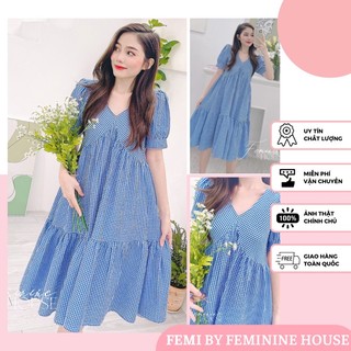 Đầm Caro Suông Cổ V, đầm kẻ cổ v, đầm sọc xanh thủy thủ, đầm kẻ suông, đầm mặc hè đi biển