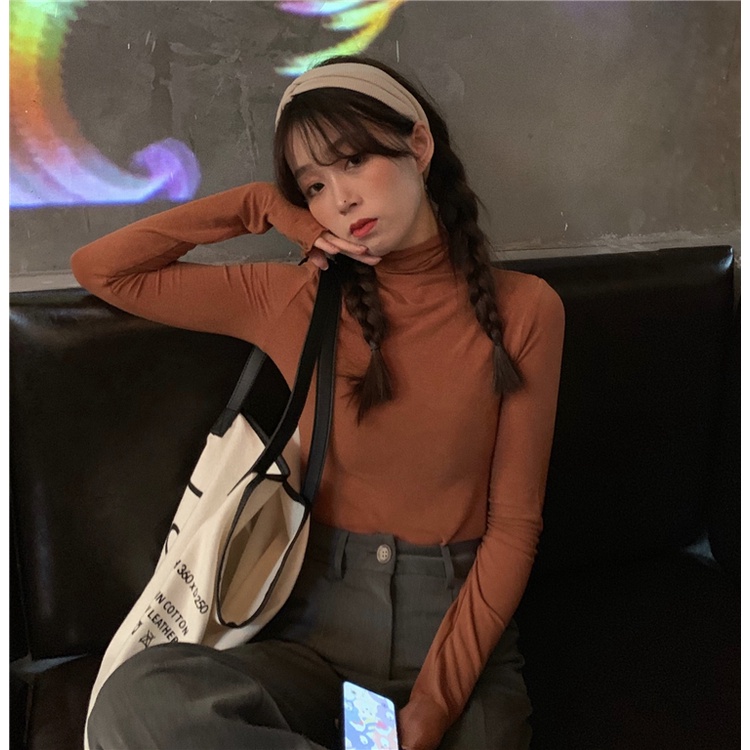 Áo Thun Tay Dài Cổ Cao Màu Sắc Đơn Giản Cho Nữ