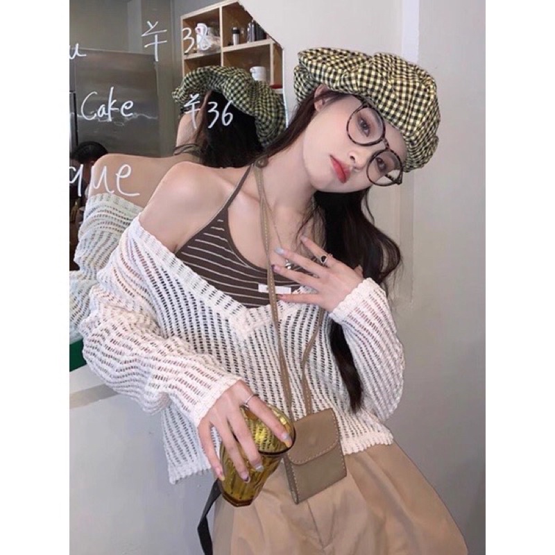 (Hàng QC) Set áo len lưới dệt kim dày tay mỏng nhẹ xuyên thấu cổ V | BigBuy360 - bigbuy360.vn