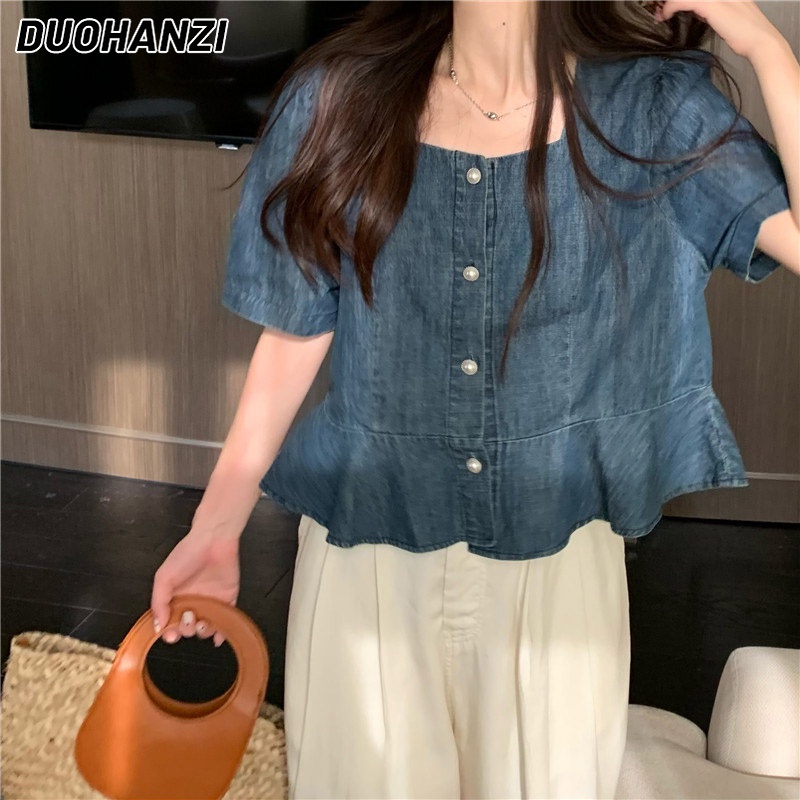 Áo sơ mi denim DUOHANZI cổ vuông ngắn tay phối bèo phong cách cổ điển