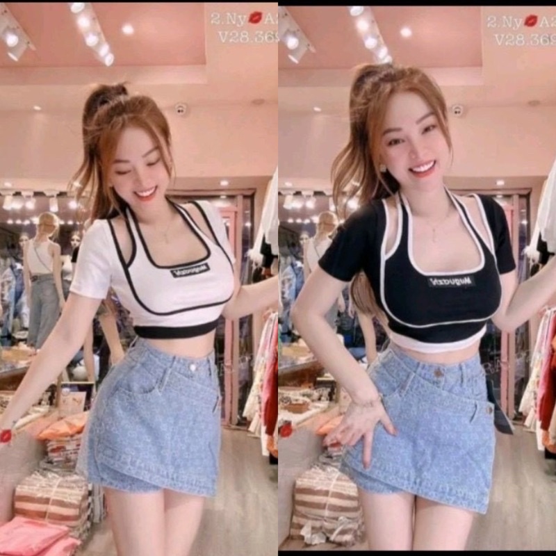 Áo Thun Croptop PHỐI YẾM TAY NGẮN MUGUAZHI CHUẨN XINH SÀNH ĐIỆU ND (Hàng Loại Xịn
