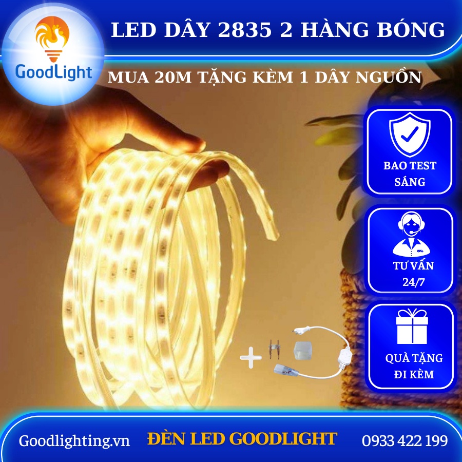 Dây đèn led 2835 2 hàng bóng điện 220V sử dụng ngoài trời, trang trí quán cà phê