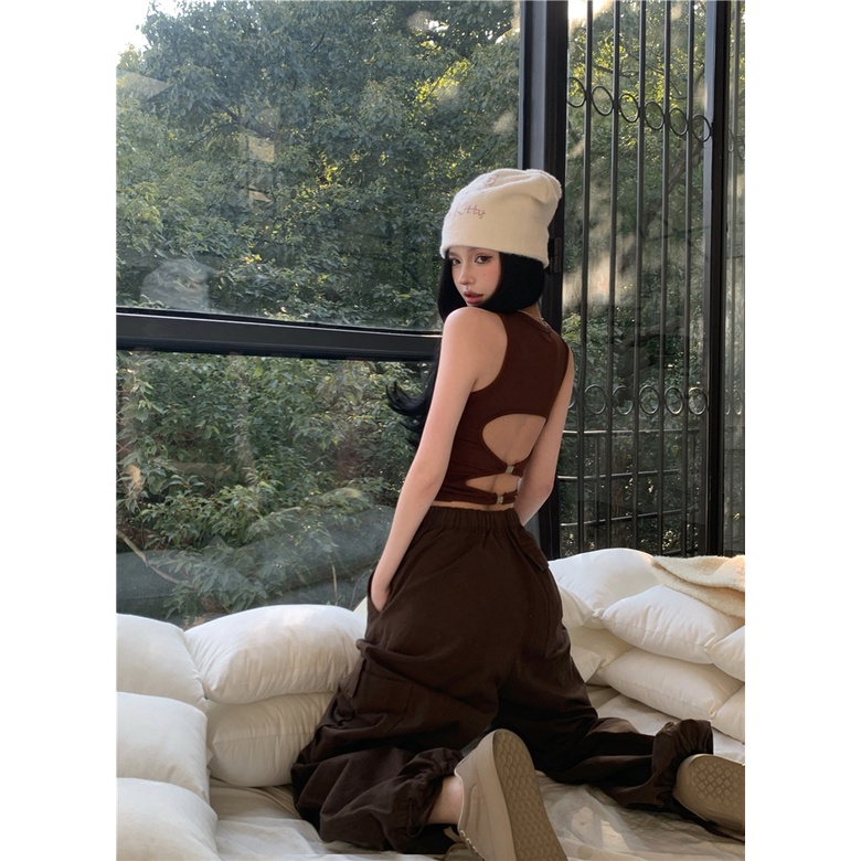 【JMWOMEN】Bộ Áo Ngắn Tay Khoét Lỗ Hở Lưng + Quần Yếm Dài Thời Trang Cá Tính Ngọt Ngào Kiểu Mỹ