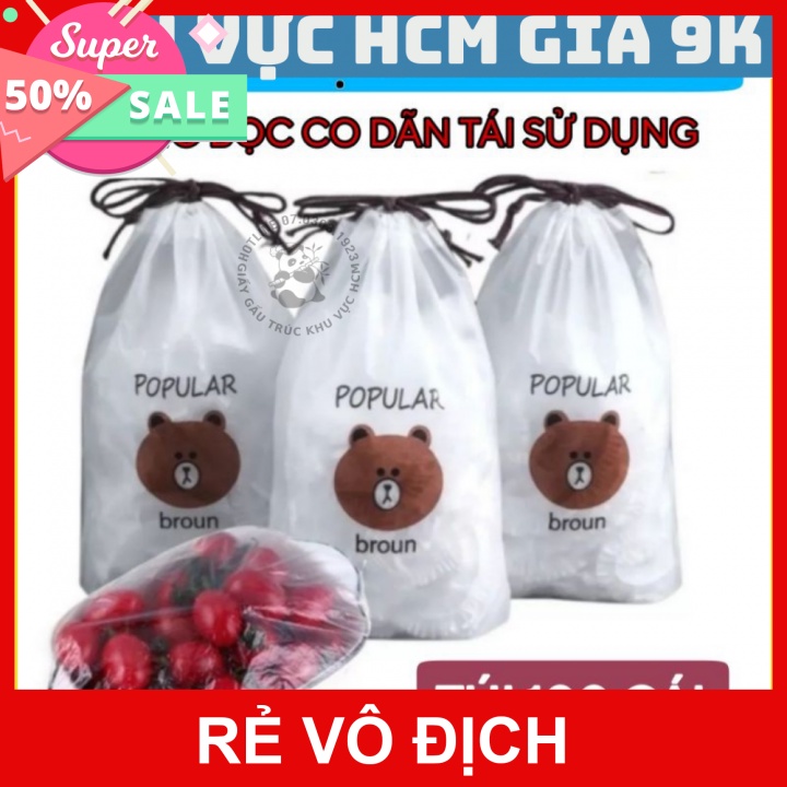 Combo 100 màng bọc thực phẩm PE túi gấu có chun bọc đồ ăn co giãn