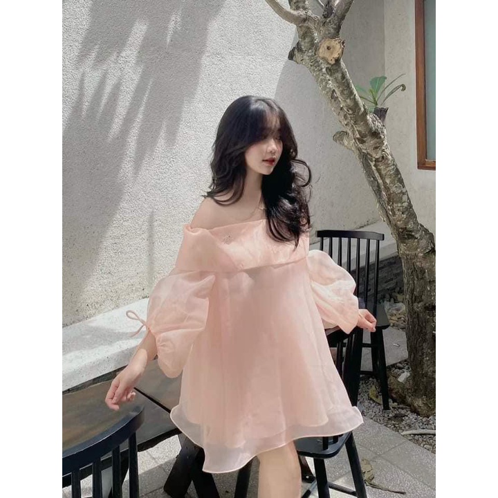 Váy trễ vai tơ kè tag nơ đá tiểu thư dài tay dáng xòe - Đầm trễ vai tơ óng D41