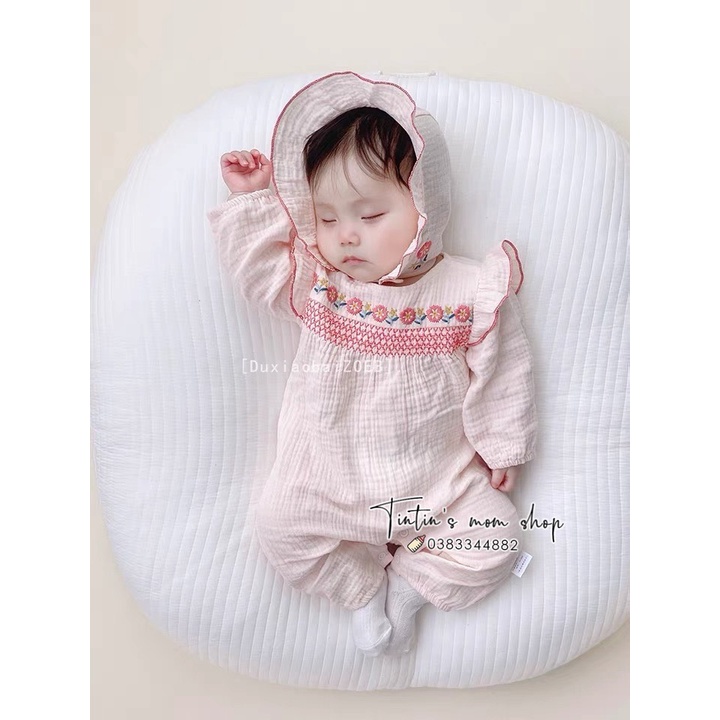Sét body tiểu thư đầy tháng/ thôi nôi IDEA cao cấp cho bé gái xô muslin thêu kèm mũ