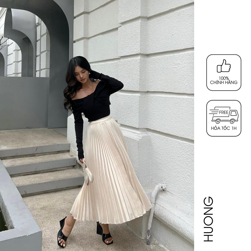 Chân váy taffeta dập li quạt HUONG BOUTIQUE HBZ444, 2 màu đen & kem
