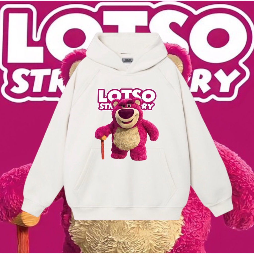 Áo Hoodie Gấu Dâu Lotso chống gậy - chất nỉ bông Hàn, dáng rộng, nam nữ đều mặc được (Unisex) | BigBuy360 - bigbuy360.vn