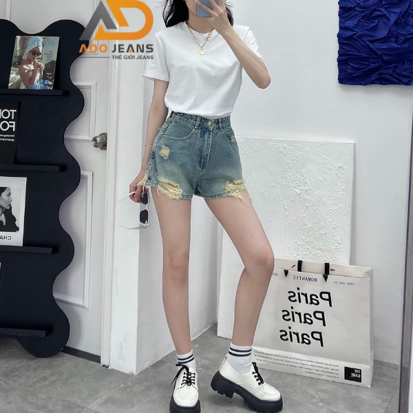 Quần short jean nữ Wash màu phối tua rua phong cách trẻ trung thời trang Xuân Hè (S11)