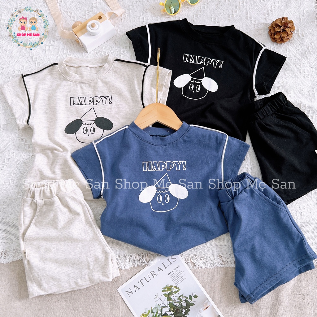 Bộ Cộc Tay Bé Trai, Bộ Hè Bé Trai  Hàng Xuất Cao Cấp Với Phong Cách Thể Thao Hoạ Tiết Chó Happy Đáng Yêu