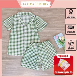 Đồ ngủ nữ tay ngắn quần cộc viền bèo chất đũi xốp, bộ đồ mặc nhà kẻ caro bánh bèo, bộ pyjama