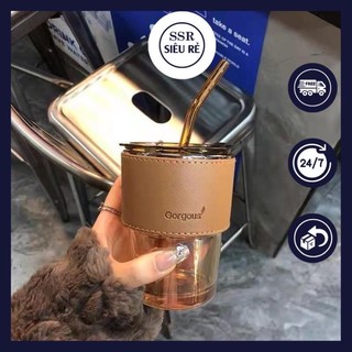 Cốc thuỷ tinh bọc da cao cấp kèm ống hút thuỷ tinh