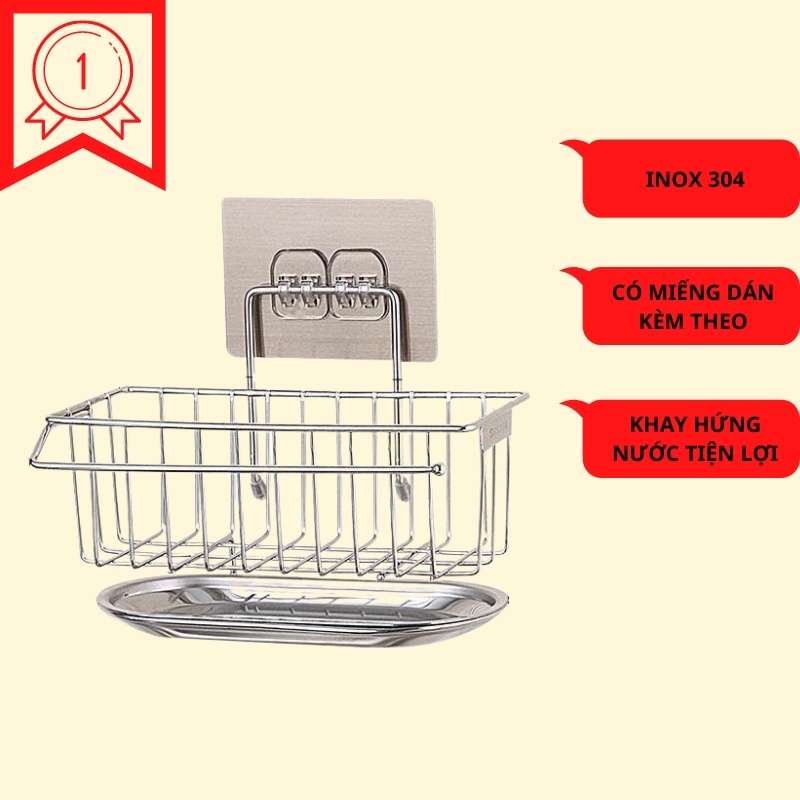 Kệ Đựng Giẻ Rửa Bát Inox Không Gỉ, Giá Để Đồ Rửa Bát Có Khay Hứng Nước Sạch Sẽ Tiện Lợi Tặng Kèm Miếng Dán Siêu Chắc