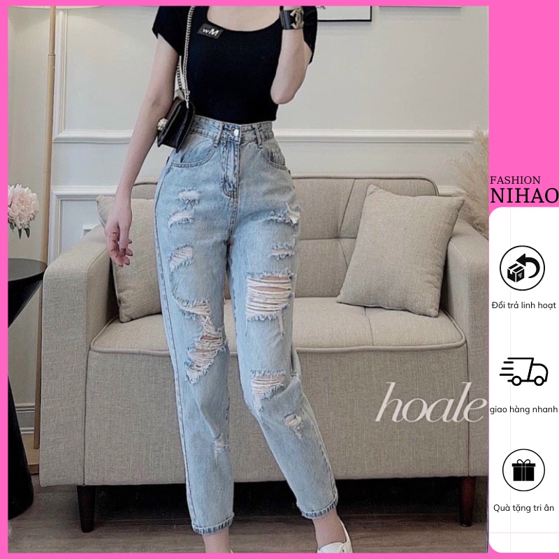 Quần Baggy Rách Nữ Nihao Lưng Cao Ống Nhỏ Sexy Đường Phố , Quần Jean Nữ Loại 1 Mềm Mại Đứng Form Không Giản 67