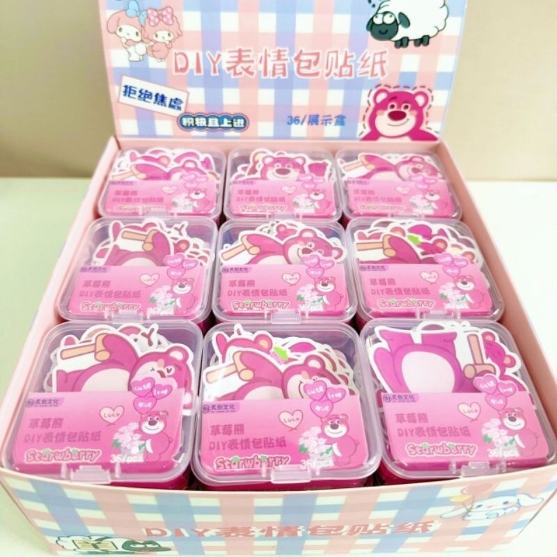 Hộp Sticker gấu dâu hồng Lotso dán nón/ sổ/ vali/ điện thoại De Perier
