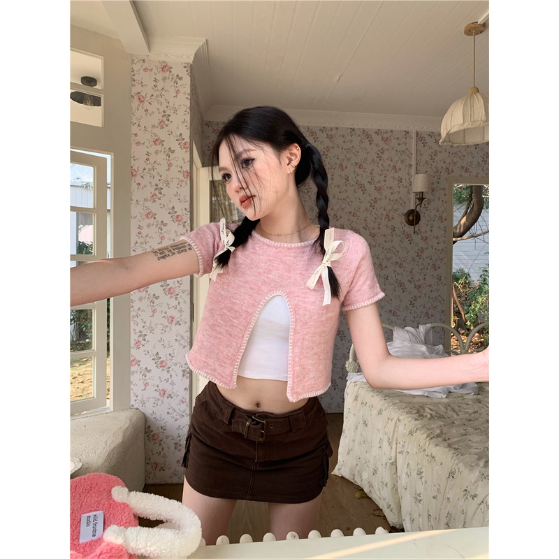 HUANG YOYO Áo Thun Dệt Kim Ngắn Tay Xẻ Tà Phía Trước Thời Trang Mùa Hè Cho Nữ