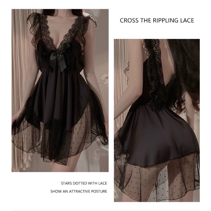 Váy lụa ngủ phối ren cổ V sexy