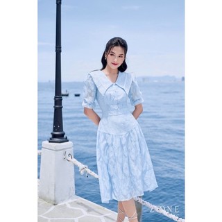Váy tơ hoa nổi lá cổ phối ren