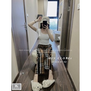 Set áo thun cổ U mix quần thô kẻ bbr