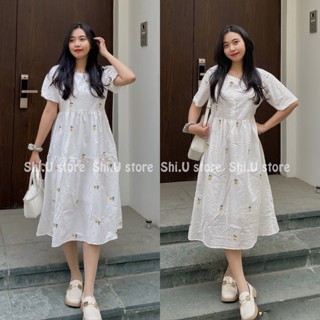 Váy hoa cúc babydoll dáng dài tay bồng đầm hoa nhí chất đùi xước 2 lớp xinh xắn