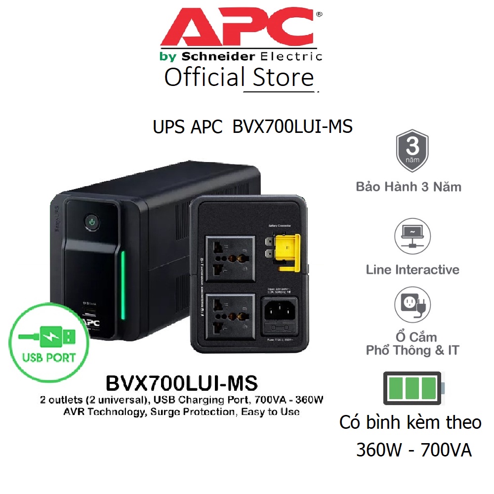 Bộ lưu điện UPS APC by Schneider Electric BVX700LUI-MS 360W - 700VA & ổn áp
