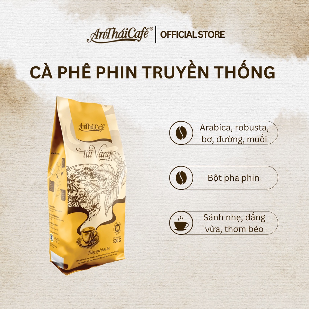 Bột cà phê robusta và arabica vị đắng vừa thơm nhiều từ An Thái Cafe túi vàng