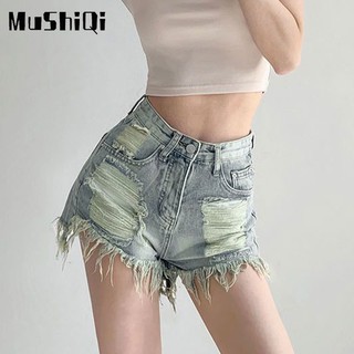 Mushiqi Quần Short denim Eo Cao Dáng Ôm Thời Trang Đường Phố Mùa Hè Cho Nữ