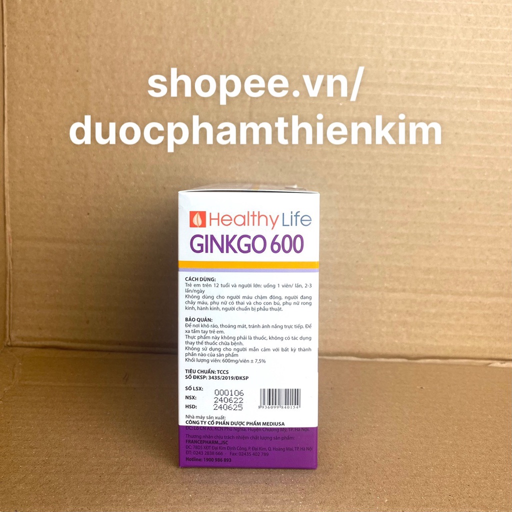 Viên uống bổ não GINKGO 600 giúp tăng tuần hoàn máu não, tăng cường trí nhớ, ngừa tai biến - H100 Viên