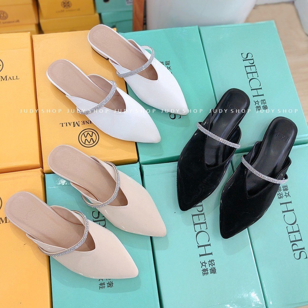 Dép Sục RYCIA Mũi Tim Quai Ngang Đính Đá Cao 2p VNXK