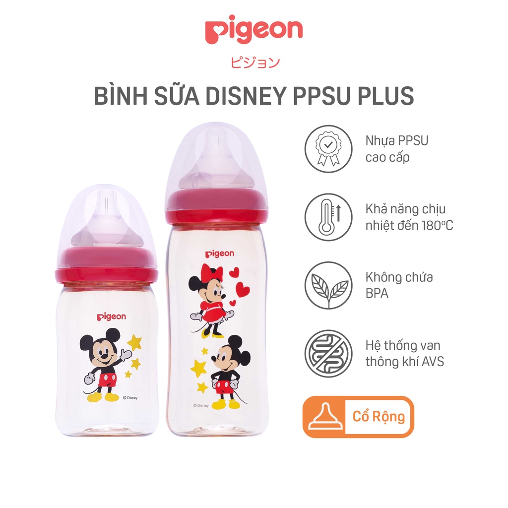 Bình Sữa Cổ Rộng Disney PPSU Plus Pigeon 160ml/ 240ml (HSD: 09/2023)