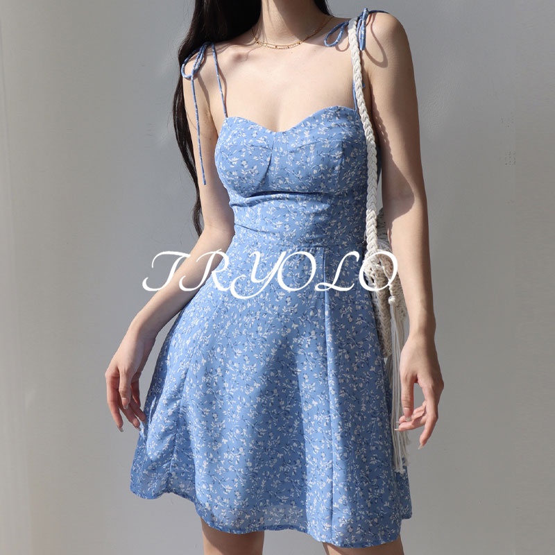 Đầm Hai Dây Dáng Chữ A Họa Tiết Hoa Màu Xanh Dương Phong Cách Vintage Pháp Cho Nữ