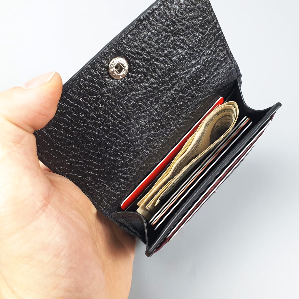 Ví da mini nam/nữ Đen mesh đỏ Cao Cấp – MN115, BH 3 Năm, Ví nhỏ