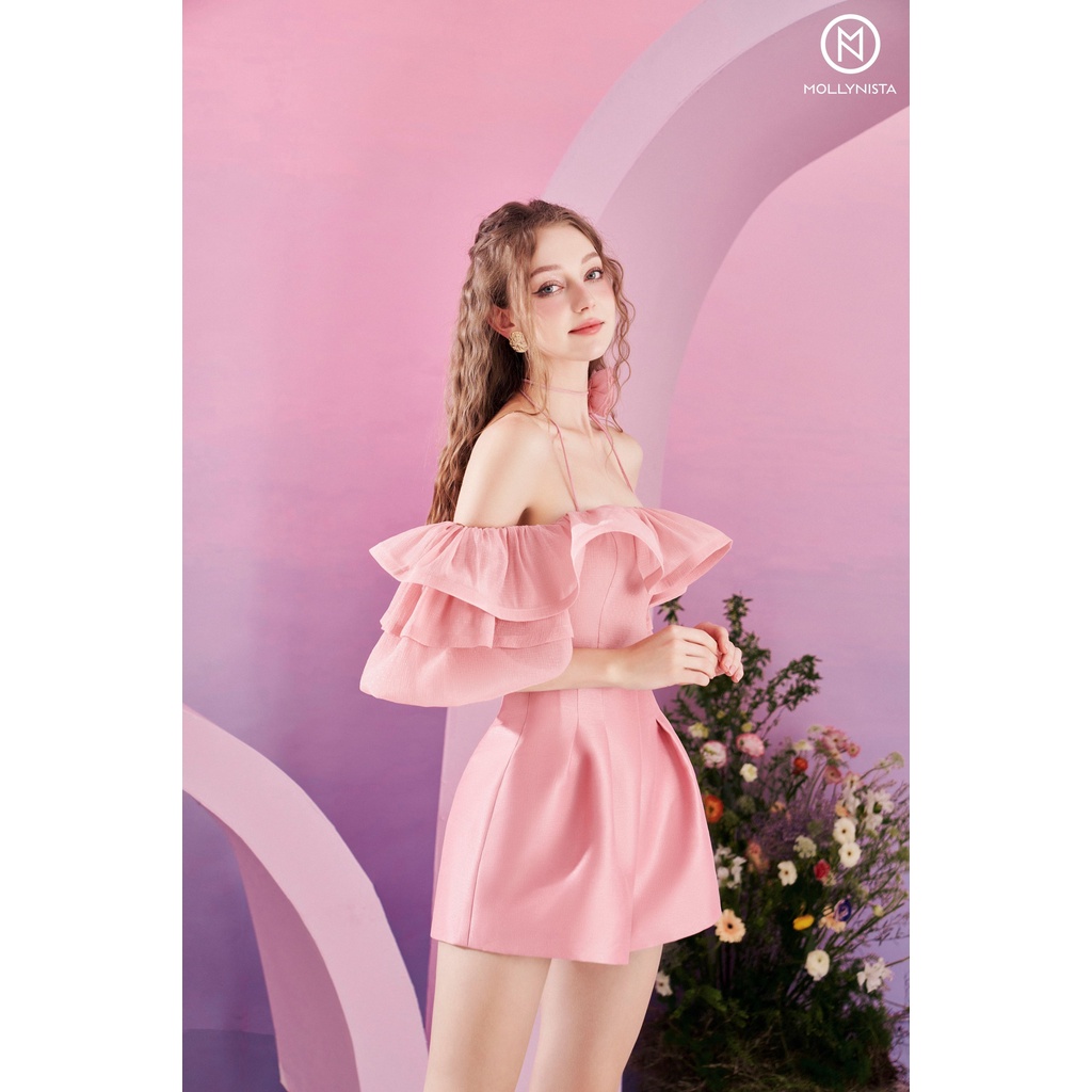 MOLLYNISTA (SALE 53%) Áo thiết kế organza von tơ bèo trễ vai kèm hoa quyến rũ nữ tính cao cấp đi chơi đi tiệc