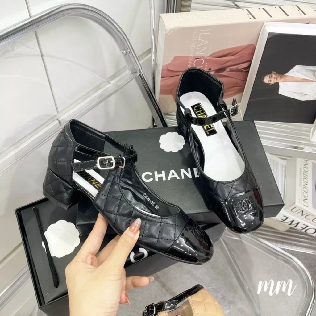 Giày nữ đế thấp hở eo kiểu mới trần chỉ mũi vá bóng CC Nguyên hộp hãng cao cấp