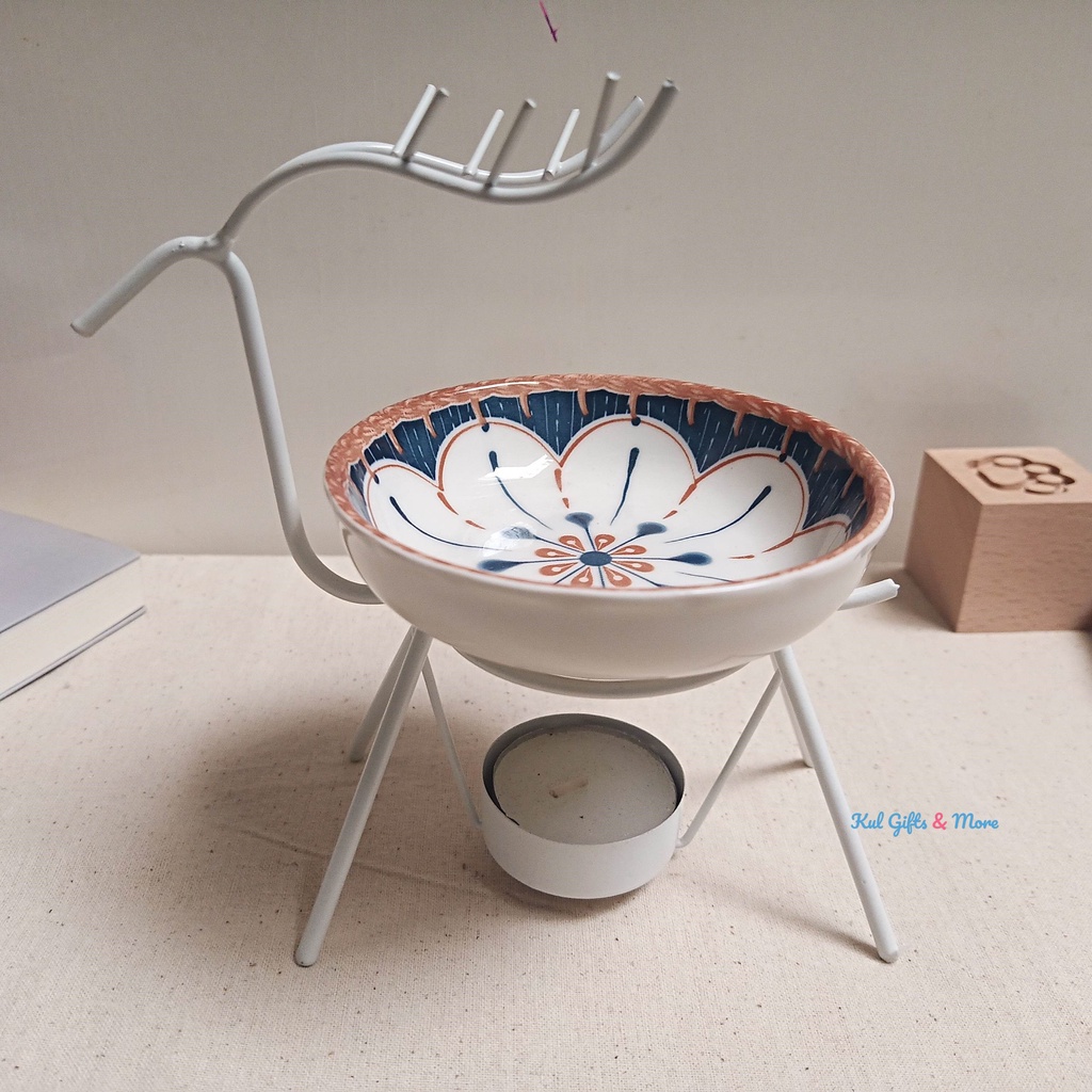 Bộ đèn khuếch tán tinh dầu hình hươu -Khung sắt trắng- đốt nến tealight