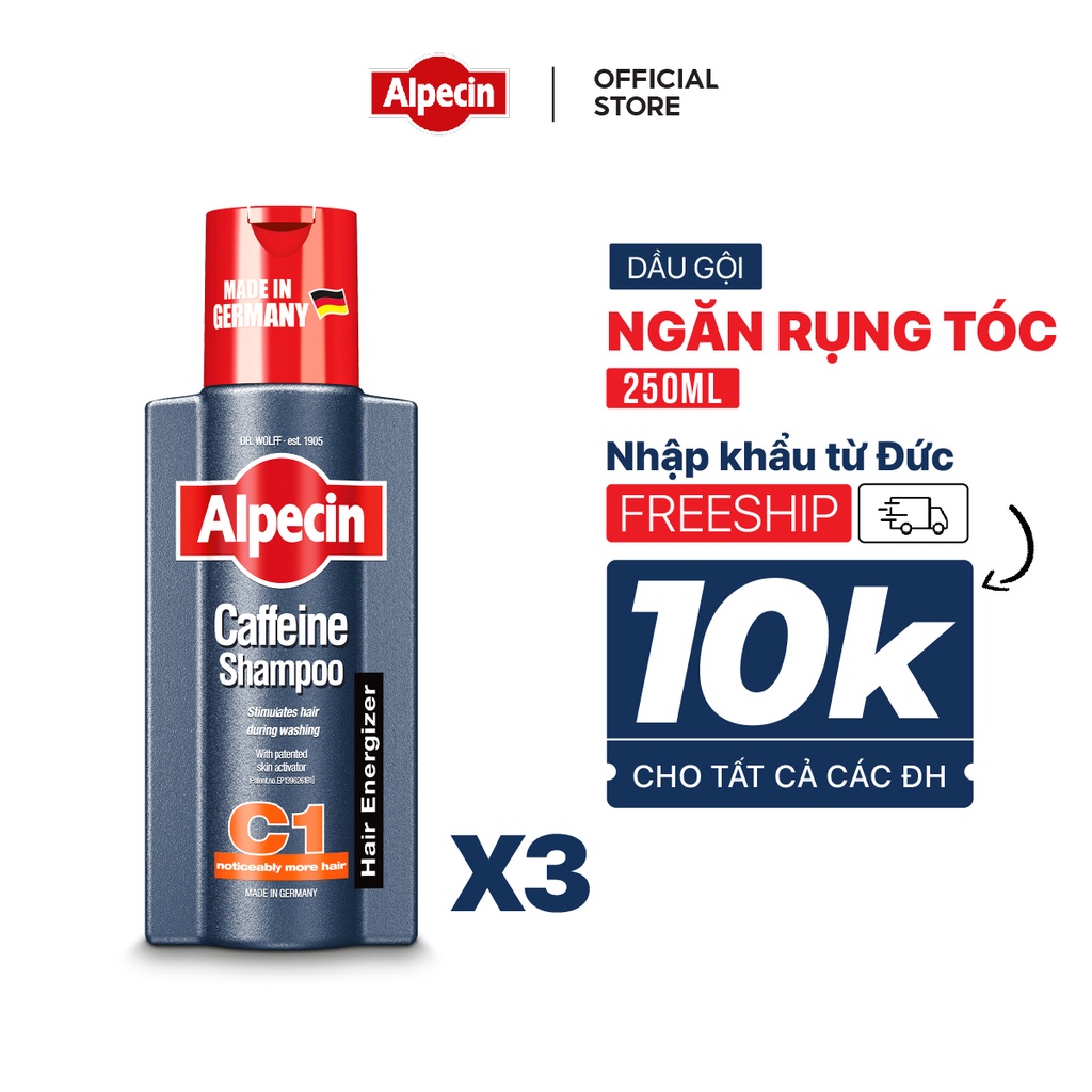 Combo 3 Dầu gội caffeine ngăn rụng tóc Alpecin C1 250ml, kích thích mọc tóc