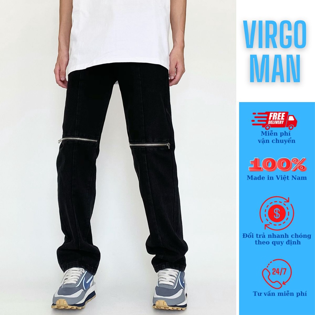 Quần Jean nam ống rộng rách gối khóa kéo phong cách đường phố cực chất-VIRGO MAN-Quần bò baggy nam Unisex ống suông trơn