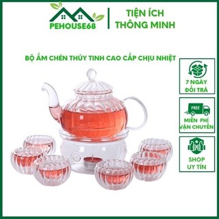 Bộ ấm trà thủy tinh ấm pha trà có lõi lọc dung tích 600ml kèm cốc và đế nến