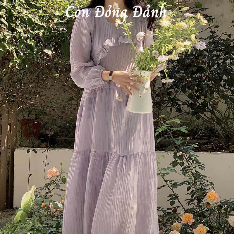 Đầm Voan Dáng Rộng Cổ Tròn Kiểu Retro Tạo Nếp Nhăn Và Bèo Nữ Tính Dành Cho Mùa Xuân VD015 Con đỏng Đảnh