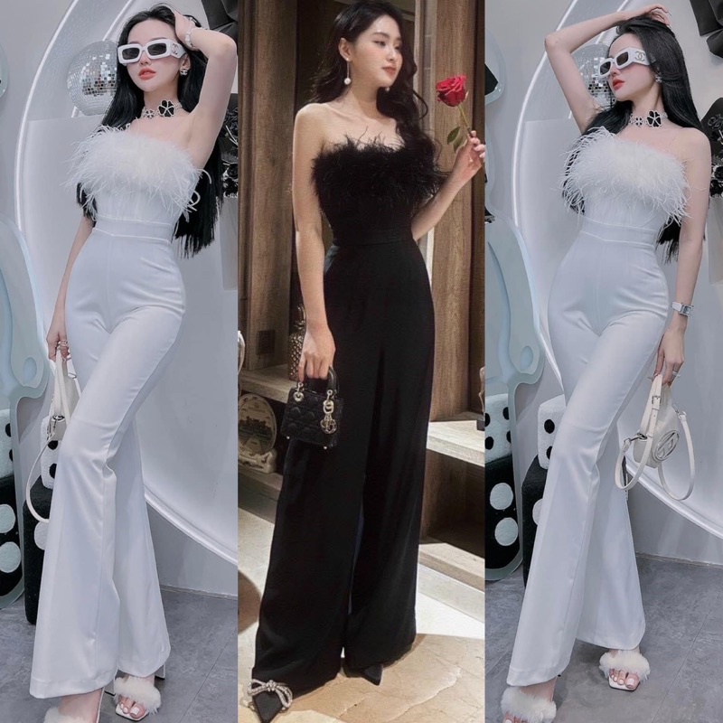 Jum Cúp Body Phối Lông Vũ Dáng Ống Loe Có Kèm Dây Bún